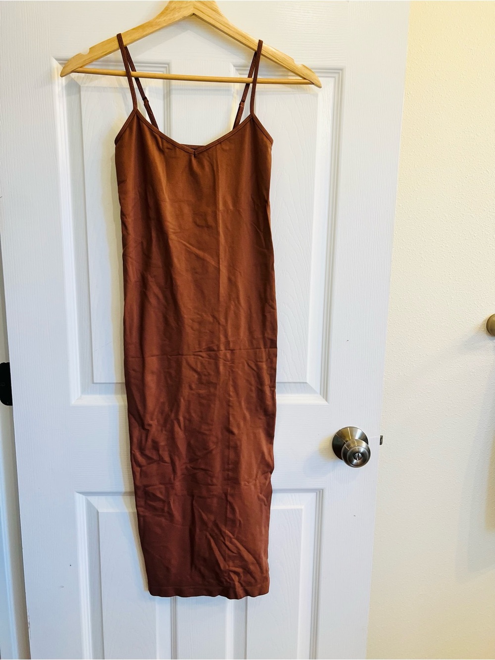 Women's Brown Satin Slip Midi Dress with Spaghetti Straps